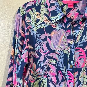Lilly Pulitzer Shirt Dress Small Floral Roll Tab Sleeve Button Preppy Resort